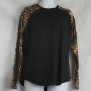 Women’s Black Top with Brown Tiger-Print Raglan Sleeves